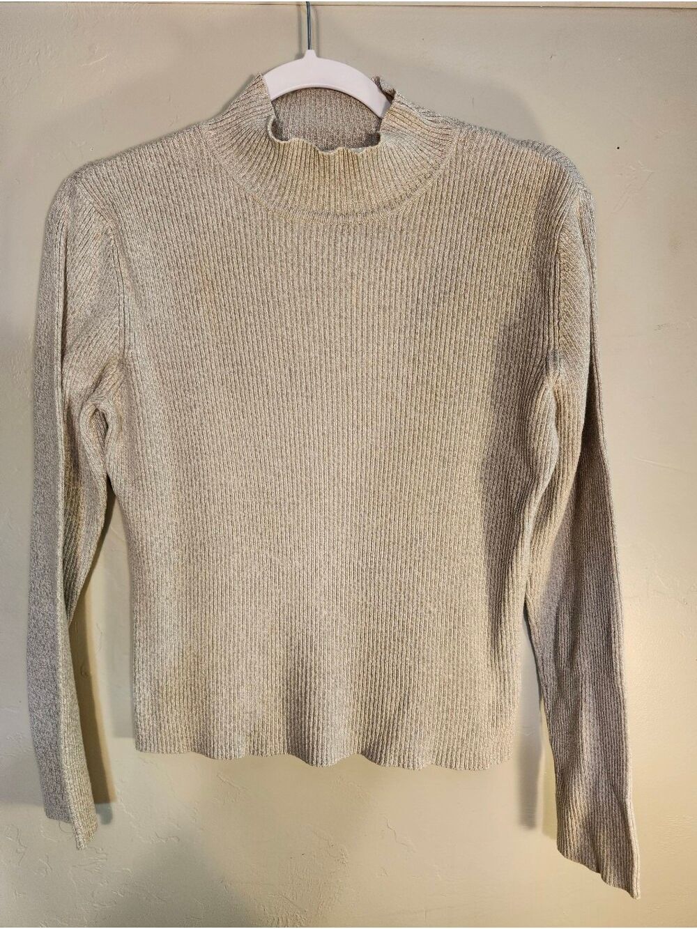 Marisa Christina Ribbed Mock Neck Sweater Beige 100% Cotton
